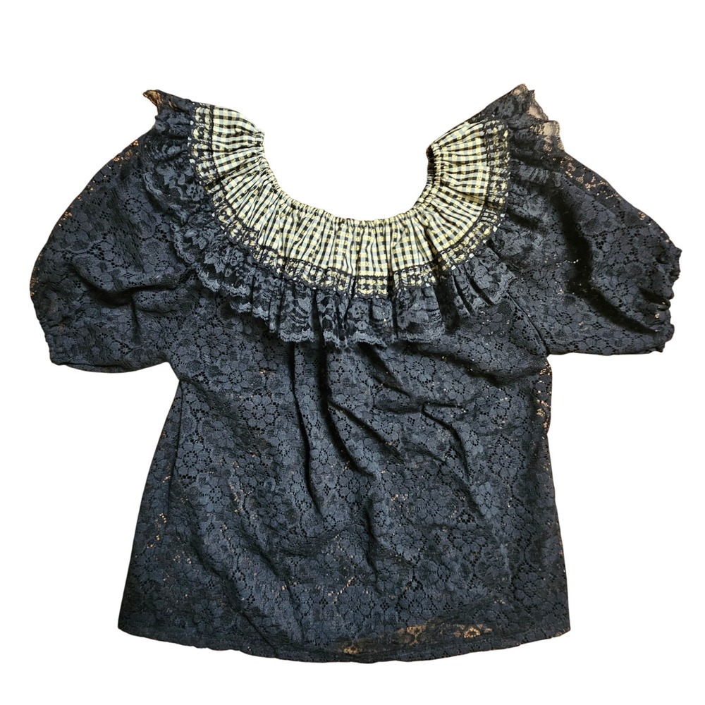 VTG Pitchfork Brand Gold Metallic Check Ruffle Neck Lace Top M Goth Cottagecore